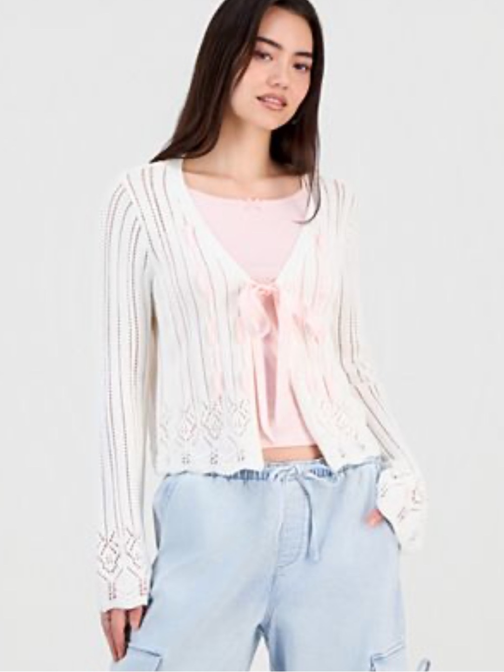 Hooked Up by IOT Cream Open-Knit Tie-Front Cardigan with Pink Underlayer